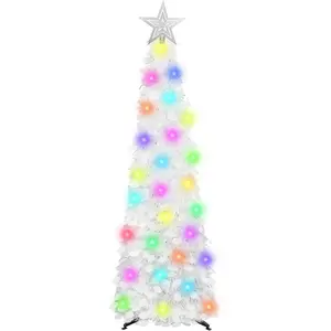 5 FT Pop Up Christmas Tinsel Tree with 50 LED Lights & Remote, Star Topper, Easy Assembly with Stand, Collapsible Prelit Christmas Pencil Tree for Xmas Home Party Decor (White)