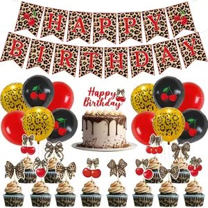 Cherry Cheetah Print Birthday Decorations Kit Red and Black Cheetah Print Balloons Happy Birthday Banner Cake Topper for Wild Animal Leopard Party Decorations Red Leopard Theme Decor for Girls Women