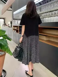 Plus Size, New Casual Plus Size Women's Short Sleeved T-shirt, Patchwork Polka Dot Dress, Fake 2pcs Long Skirt Set