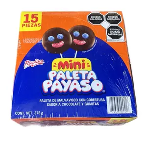 Ricolino Mini Paleta Payaso 15 Pz Marshmallow Covered Chocolate with Gummy Face Snack Bonbon Candy Sweet 375g