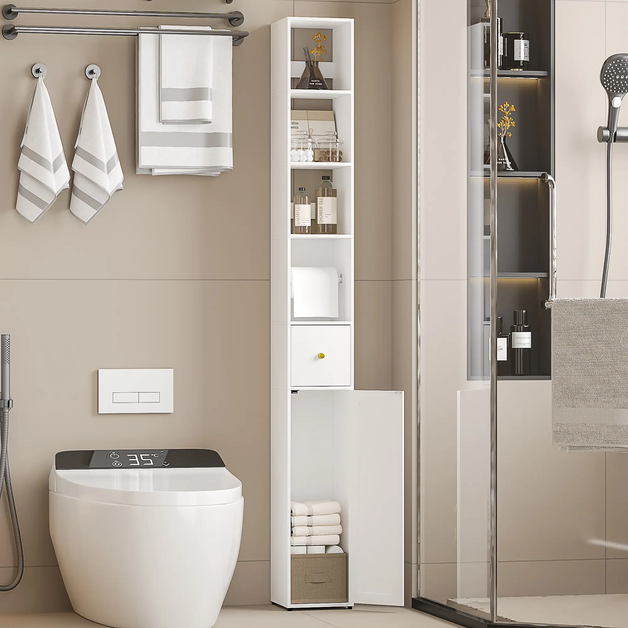 VECELO Tall Narrow Bathroom Slim Cabinet Storage Cabinet With Toilet Paper Holder Stand Adjustable Shelves Freestanding Cabinet, for Small Spaces, Bathroom,Kitchen