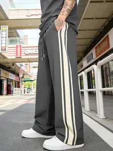 Men's Loose Wide Leg Track Pants, Casual Street Style Side Striped Sportswear, Elastic Waist Comfortable Full Set, All Seasons Outdoor Use
