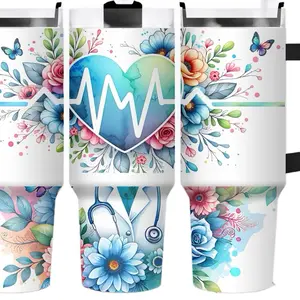 40oz Sublimation Product with Floral Design and Medical Theme Featuring Stethoscope and Heartbeat Symbol