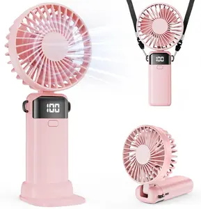 Summer Beach Outdoor Fan | 3-in-1 Portable Handheld Fan with LED Display, 5 Speeds USB Rechargeable Mini Desk Fan – Foldable Design with Phone Holder Base (Blue/Pink/White)