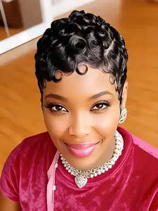Side Part Pixie Cut Wigs Human Hair Curly Natural Color 99J 4# Short Curly Wig Full Machine Made
