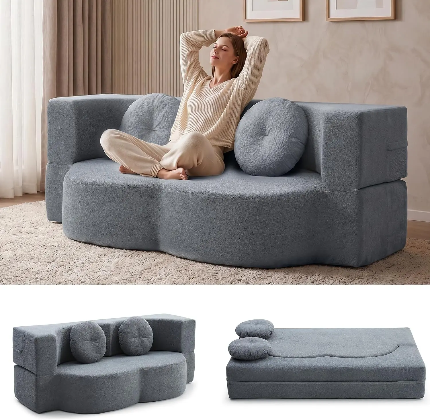 76" 2-in-1 Folding Sofa Bed, Twin Size Convertible Sleeper Loveseat Couch, Cotton Linen Upholstery with Pillows, Foam Floor Futon, No Assembly Required, Space Saving for Apartment Bedroom Living Room, Grey