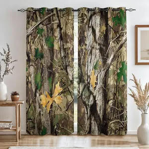 2 Pcs Hunting Camo Tree Printed Curtains, Forest Camouflage Darkening Curtains, Thermal Insulated Decoration Curtains, Nature Woodland Pattern, Light Blocking for Men Boys Bedroom Living Room