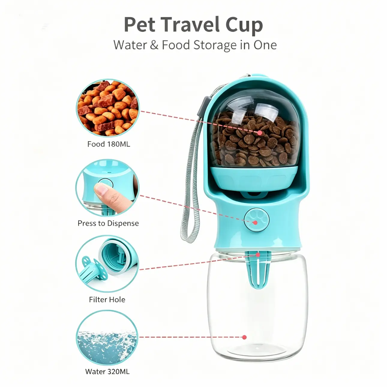 2-in-1 pet water bottle with filtration function, leak-proof cat travel bowl, presser, food handling container, small dog outdoor hiking supplies, Yorkshire terrier/Chihuahua in blue color