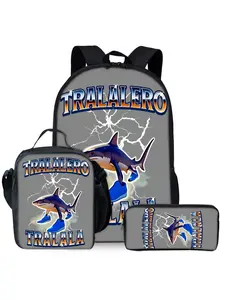 Italian rotten brain shark print backpack three-piece set, including lunch bag, pencil case, and backpack