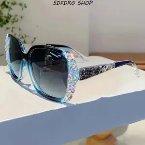 Polarized Sunglasses for Women, Rhinestone Gradient Shades, Oversized Aesthetic Y2K Sunglasses, UV Protection Trendy Glasses for Driving, Travel, Beach, Daily Wear,summervibes