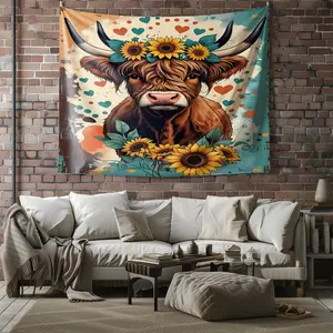 Highland Cow Floral Crown Tapestry, Whimsical Digital Print Wall Hanging for Home Decor, Retro-Inspired Wall Tapestry with Vibrant Colors and Shaggy Texture, Perfect for Bedroom, Living Room, or Study Art