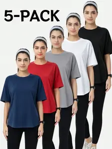 5 Pack Women's Plus Size Quick Dry Athletic T-Shirts | Solid Color Gym Tops Casual Everyday Workout Shirts