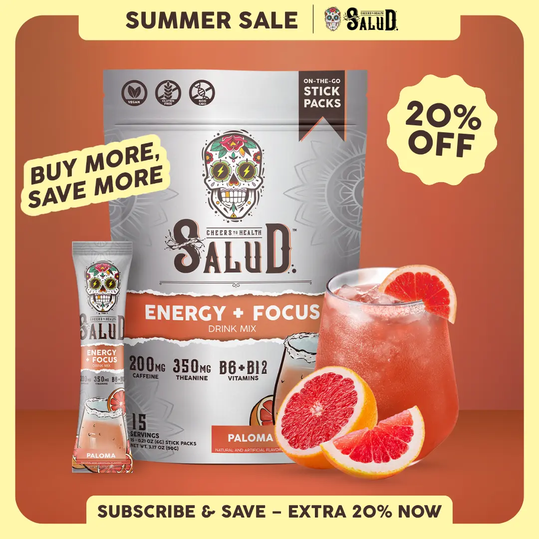 Salud 2-in-1 [Energy + Focus - Paloma] Clean Energy Drink Mix, Agua Fresca, Organic Caffeine, B6 & B12, L-Theanine, Drink Packets, Non-GMO, Gluten Free, Vegan, Low Calorie, 1g Sugar (15 Servings)