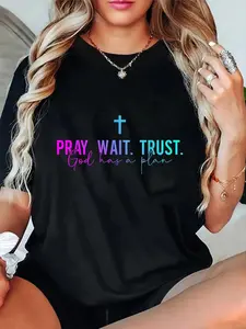 FEEGO Pray Wait Trust God Has A Plan T Shirt Faith Graphic Tee Inspirational Shirt Spiritual Casual Wear Comfy Soft Summer Tshirt