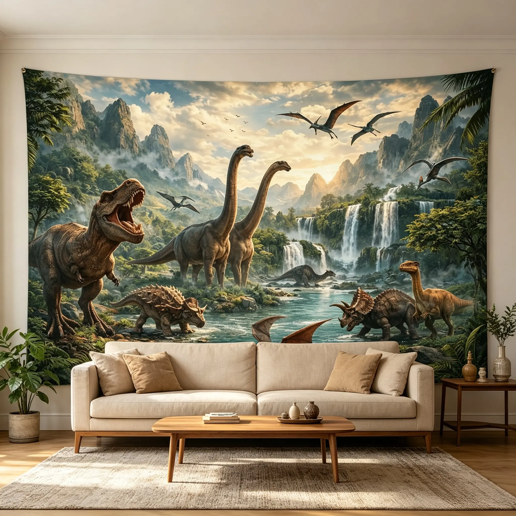 Polyester Rectangular 2D Flat Dinosaur Jungle Scene Tapestry - Wear-Resistant Multi-Functional Wall Decor with Hooks, Ideal for Parties, Indoor-Outdoor Home Decor Photo Backdrop