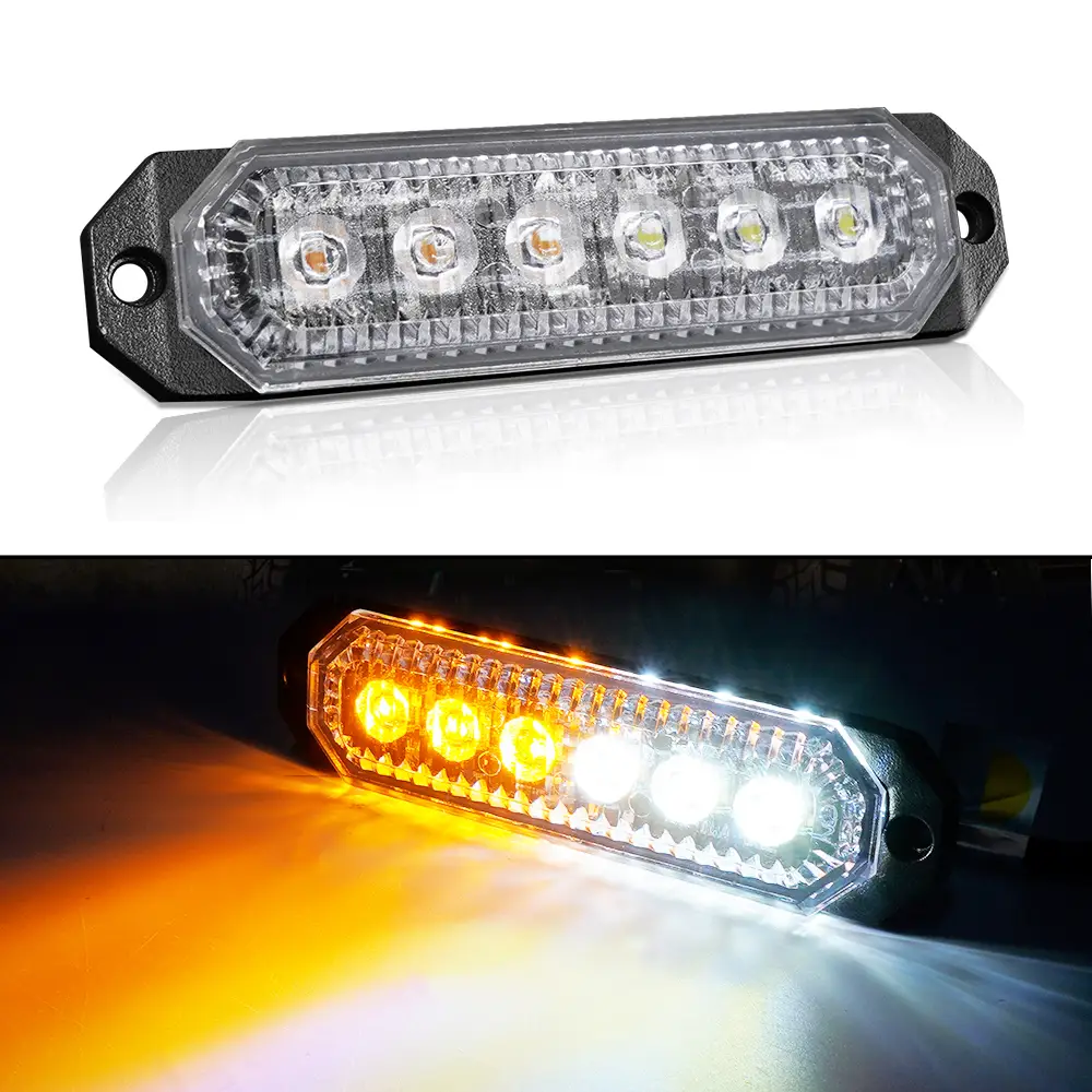 Amber White Sync Feature Ultra Slim 6-LED Surface Mount Flashing Strobe Lights for Truck Car Vehicle LED Mini Grille Light Head Emergency Beacon Hazar