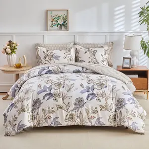 Queen Comforter Set- 7 Pieces Floral Bed in a Bag, Blue Flowers Golden Leaves Comforter Sheet Set, Soft n Cozy Microfiber Bedding Set for All