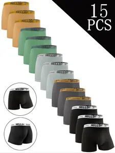 15 pcs 'Hello' PrintsMen's Boxer Briefs, with High Stretch, Quick-drying sports briefs, Daily Casual Underwear, Suitable for men's daily wear and sport, Suitable for participating in various events and weddings, comfort-breathable's Men's underwear.