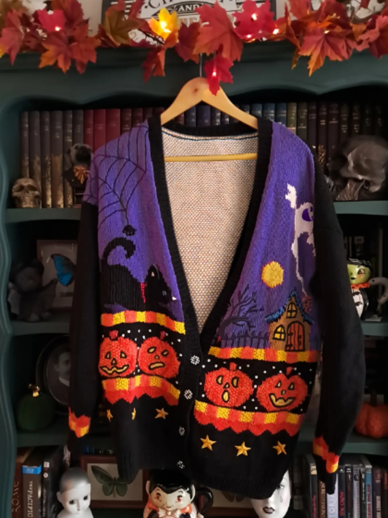 Women's Cute Ghost & Black Cat Cardigan, Spooky Goth Halloween Aesthetic Knitted Sweater, Casual Style Novelty Graphic Top for Daily Wear, Alt Fashion, Knitwear