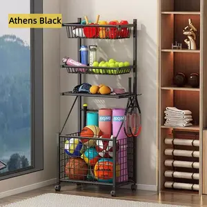 Organizer Storage Garage Sports Equipment Ball Rolling Cart with Baskets Hooks and Wheels for Garages Playgroup Gym and Schools Black entryway rack Steel Room springtok
