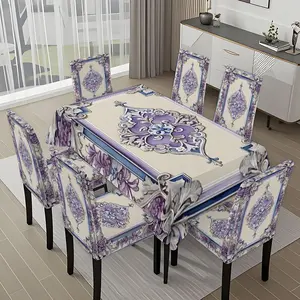 5/7-piece 2D Flat Printing Purple White Blue Carved Frame Printing Pattern Tablecloth and Chair Cover Set, for dining table and chair decoration, perfect for home, holiday gatherings, restaurants, and parties.