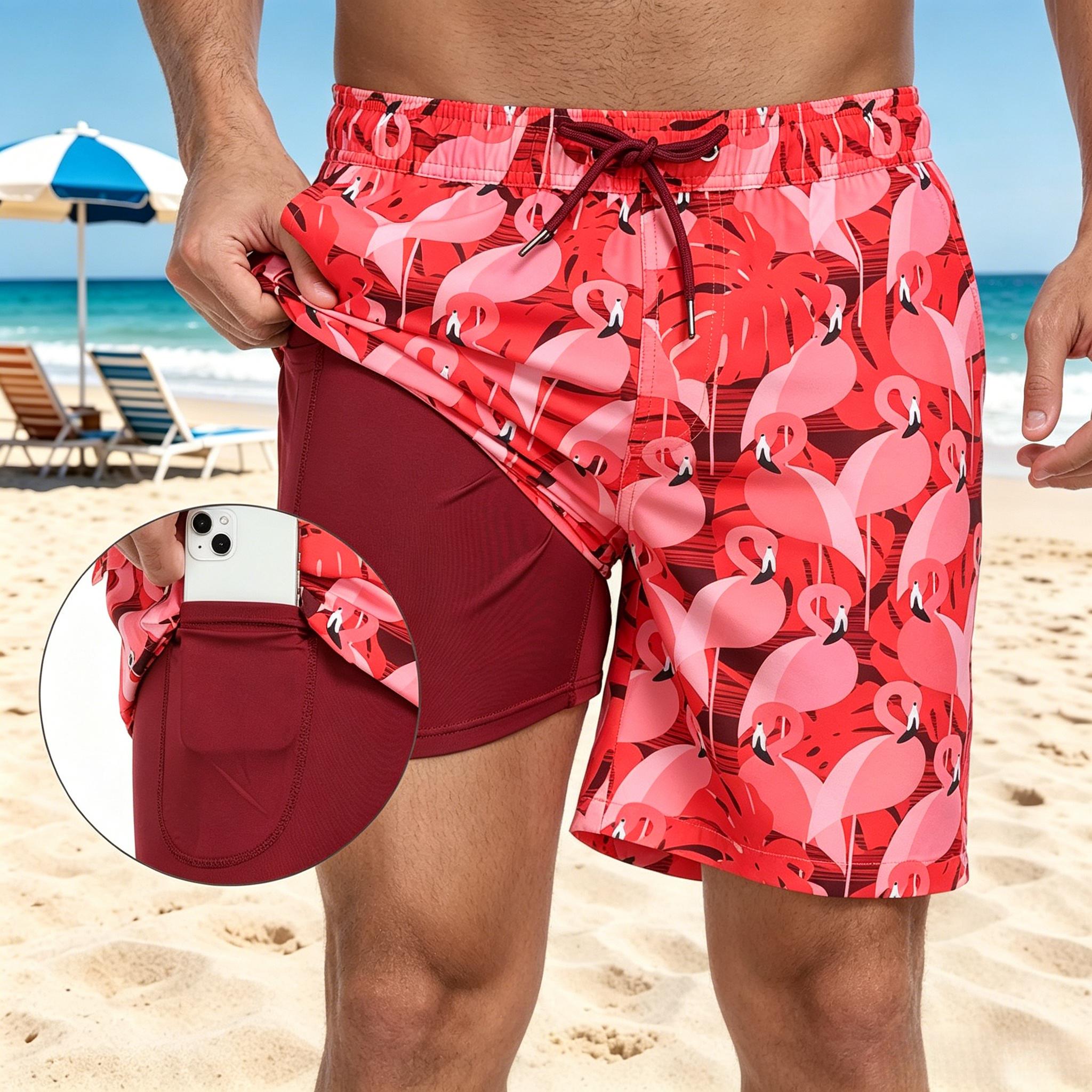 Quick-dry surfing shorts, comfortable elastic men's beach swim trunks, sporty casual printed shorts