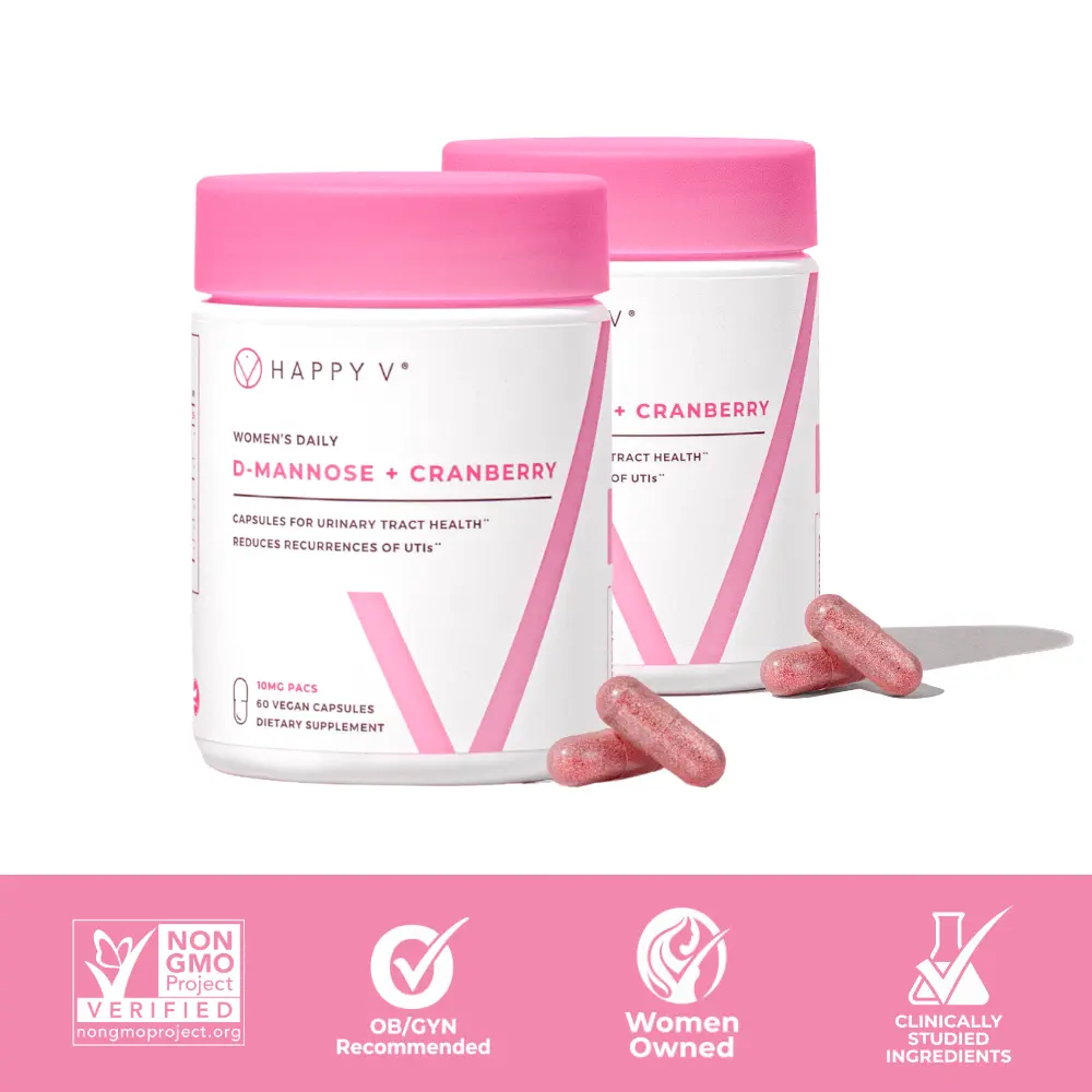 Happy V: D-Mannose + Cranberry Capsules 2-pack Bundle for Urinary Tract Health Happy V: D-Mannose + Cranberry Capsules 2-pack Bundle for Urinary Tract Health