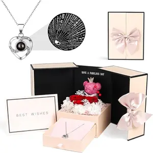 Valentine's Day Gifts for Her - Preserved Real Rose, Pink Moss Bear, Teddy Box for Women, Mom, Wife, Daughter Birthday & Anniversary