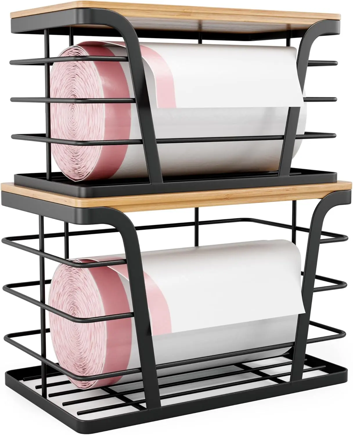 2-Pack Bamboo Expandable Rectangle Wall-Mount Organizers, Smooth Wood-Top Stackable Racks with Trash Bag Holder & Dispenser, No-Drill Kitchen Accessories for Kitchen, Garage (Dual Sizes: Large 10.63"×6.42"×7.09")