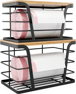 2-Pack Stackable Storage Rack Set, Bamboo-Top Wall-Mount Home Organizer with Trash Bag Holder, Garbage Bag Dispenser & No-Drill Installation for Laundry, Kitchen