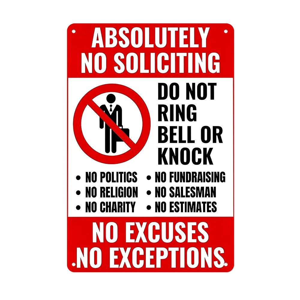 "Absolutely No Soliciting" Bold Red Metal Sign 12×8 Inch Flat Aluminum Metal Sign, No Knock/No Bell Design, Indoor/Outdoor Front Porch & Home Decor, Anti-Solicitation Warning Gift, Top Selling Novelty Wall Art