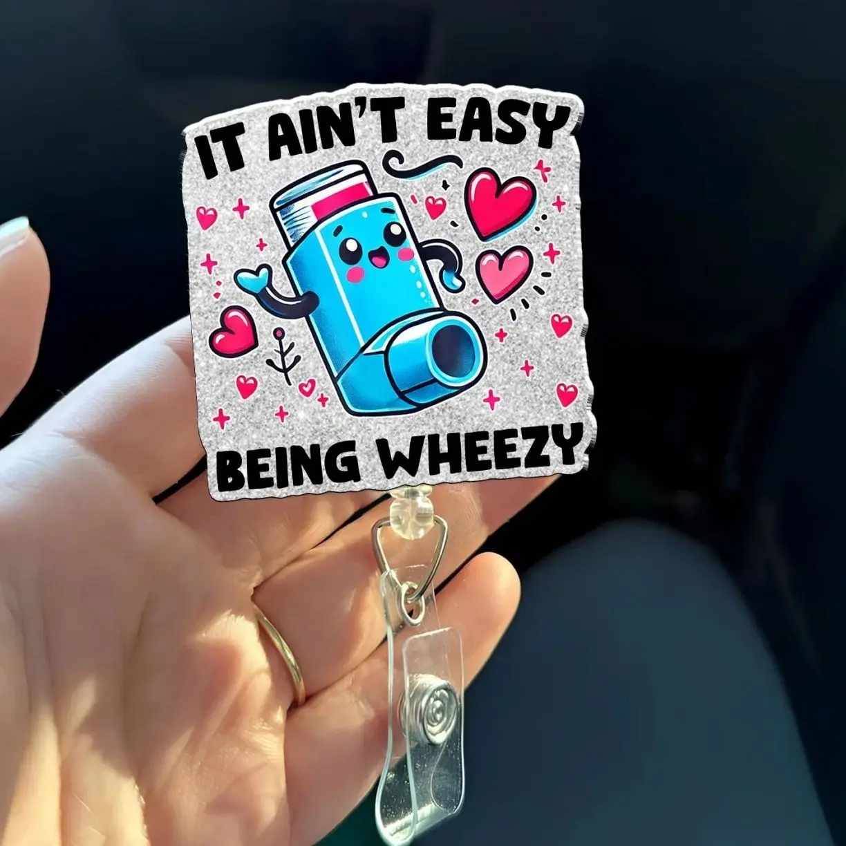 Inhaler Badge Reel - It Ain't Easy Being Wheezy - Respiratory Therapist RT Nurse Asthma Humor ID Holder Cute Inhaler Gift