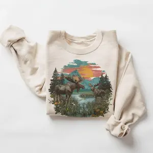 Vintage Bull Moose Summer Wildflower Scene Sweatshirt - 90s Moose Bog Wildlife - Summer Mountain Sunset - Unisex