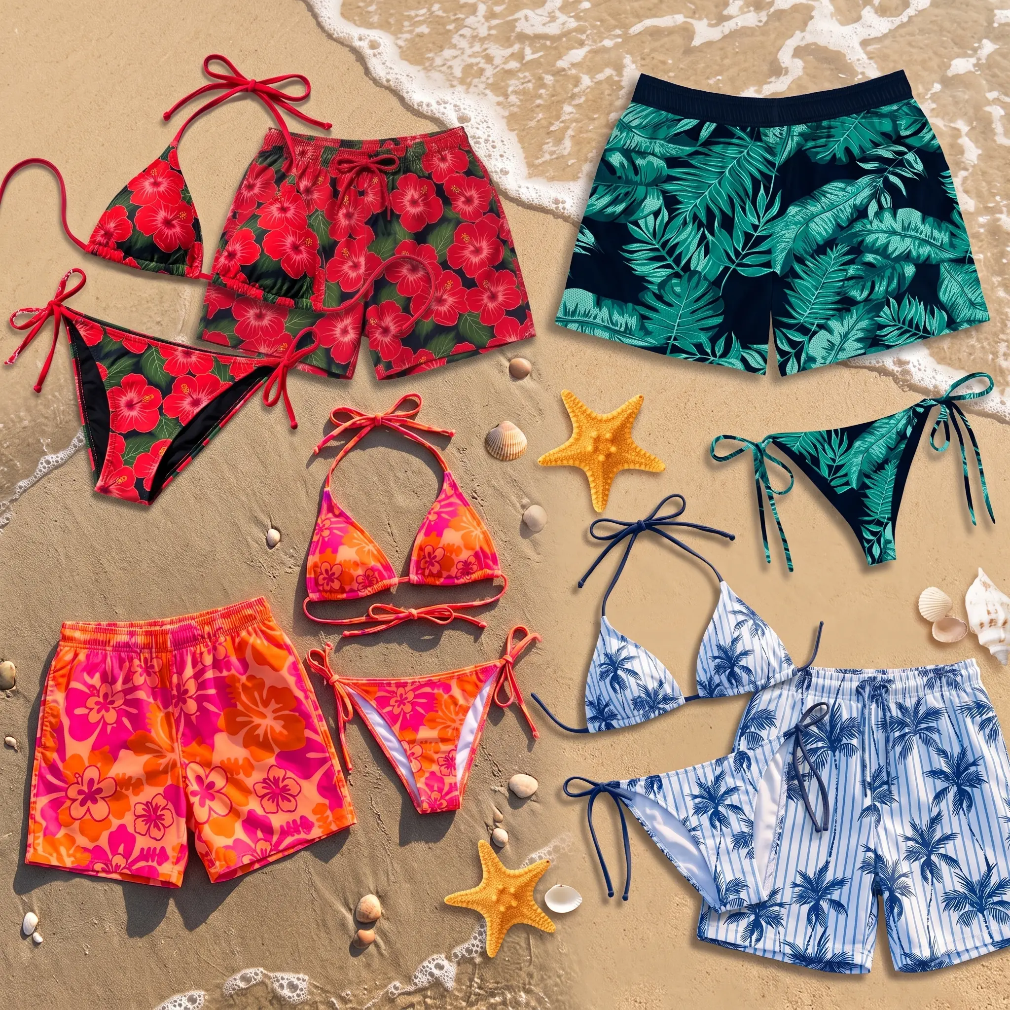 Hibiscus Floral Tropical Leaf Retro Flower and Palm Tree Bikini with Swim Trunks Set, His and Hers Beach Vacation Swimwear, Summer Pool Party Outfits, Matching Couples Swimsuits for Men Women, Boyfriend Girlfriend Gift