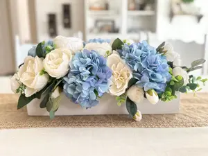 Blue Hydrangea Centerpiece | Long Table Centerpiece | Farmhouse Floral Arrangement | Faux Flower Box | Spring Wedding Centerpiece