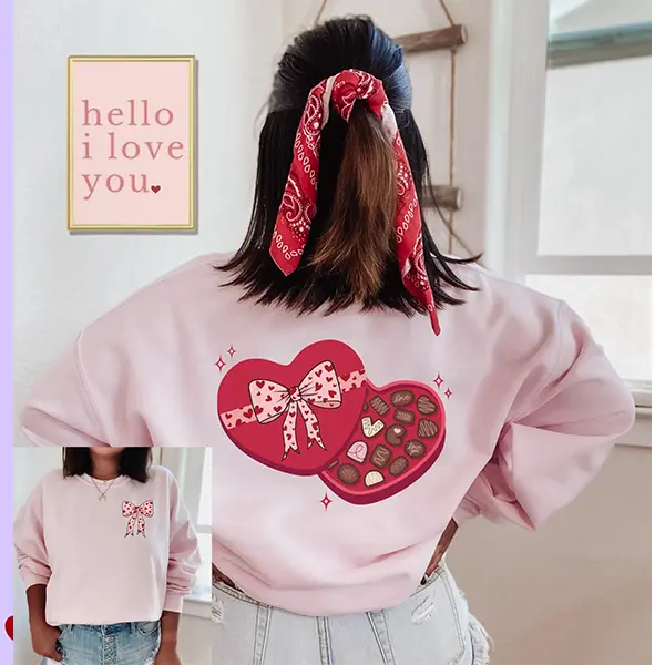 Valentine Bow Heart Chocolate Sweatshirt, Cute Valentines Day Sweater, Love Heart Candy Sweatshirt, Valentine Gift for Her, Cozy Valentine Outfit