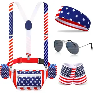 9 Pcs American Flag Fanny Pack Beverage Beer Belt Set Patriotic Memorial Day USA Belt Bag Suspenders Drink Holder Flag Headband Wristband(Classic Style)