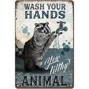 Funny Raccoon "Wash Your Hands" Vintage Metal Tin Sign, 8x12 Inch Retro Bathroom Wall Decor, Humorous Rustic Home & Kitchen Wall Art