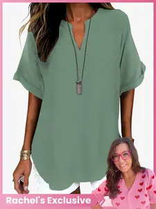 Women's Simple Solid Color Commuter V-Neck Drop Shoulder Vintage Versatile Top, Short Sleeve Fitted H-Type Blouse, Casual Fashion Shirts