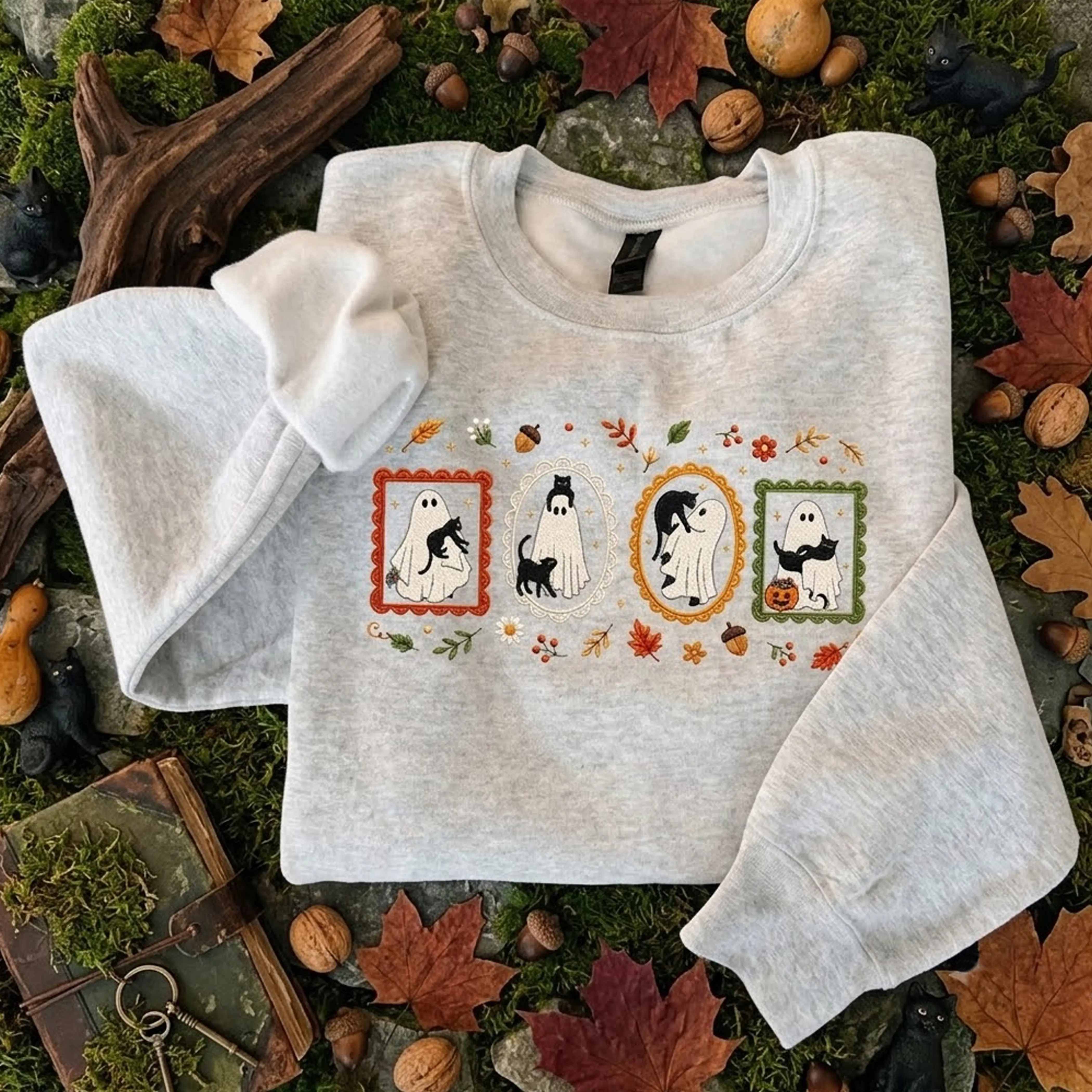 Cute Spooky Cat Sweatshirt – Ghost Black Cat Embroidered Crewneck