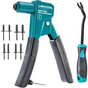 Plastic Rivet Gun Kit, 90 Degree Angle Hand Riveter with 40 Nylon Rivets (4 Sizes), Universal Nosepiece for Automotive/Electronics, Ergonomic & 50% Lighter Force