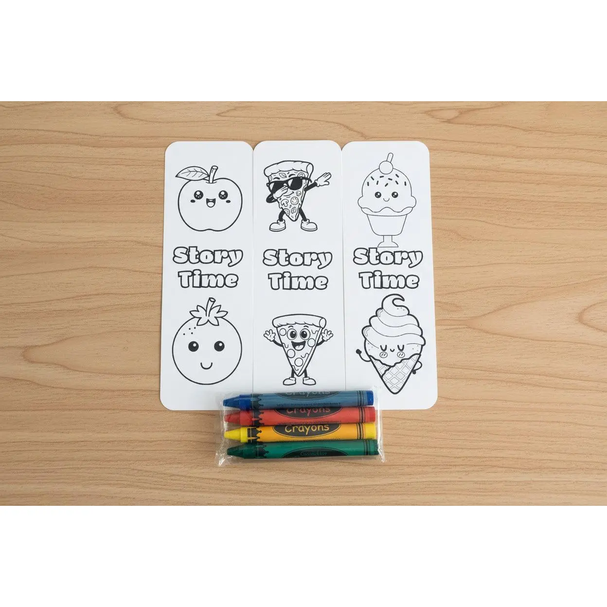 Happy Food Faces Story Time Coloring Bookmarks with Crayons Kit - Set of 3 - 2" x 6" Rounded Corner Bookmarks - Apple Orange Pizza Ice Cream