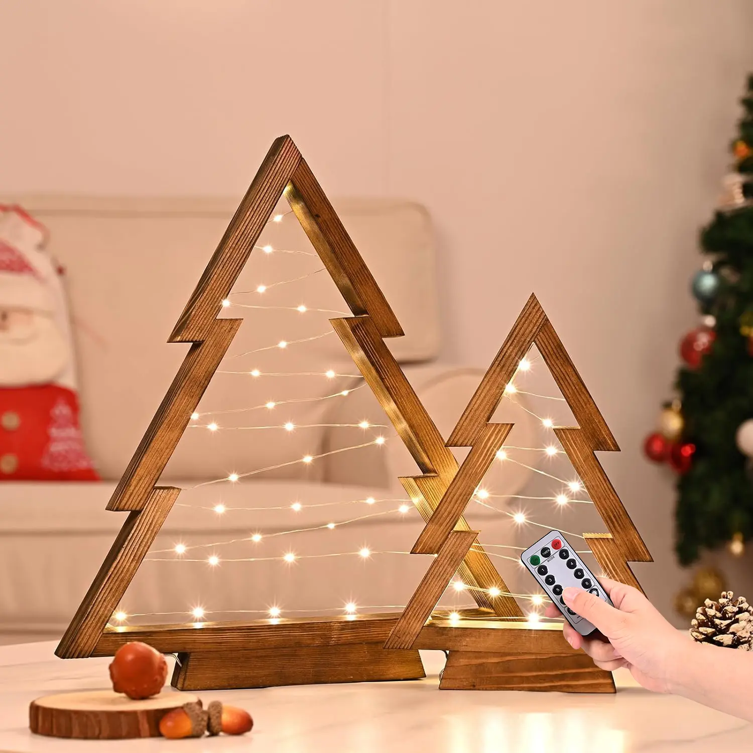 2-Piece Magnetic Wooden Christmas Tree Tabletop Set with Lights - Modern Farmhouse Design, Home Decor Ornament for Mantle/Room, Festive Holiday Gift (Small & Large Sizes)