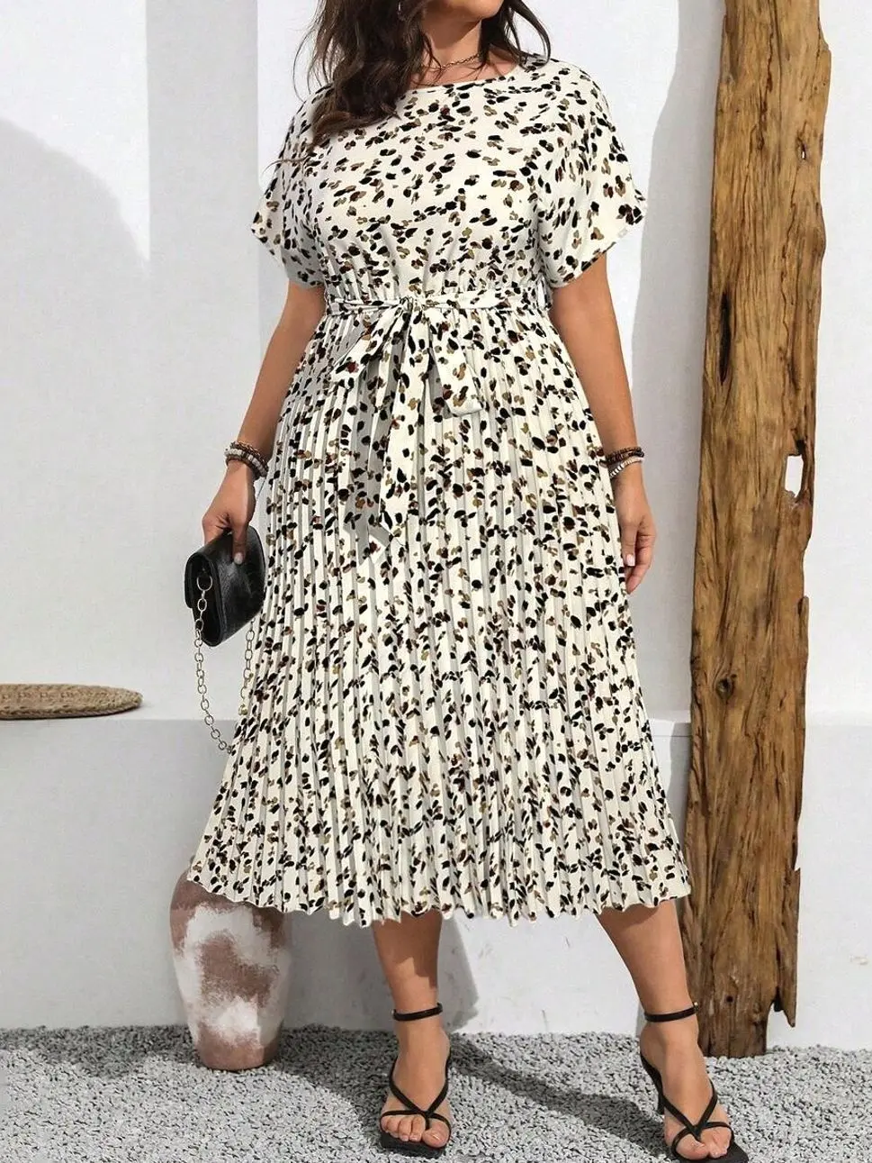 Plus Size Boho Allover Print Batwing Dress, Casual Pleated Hem Summer Beach Dress
