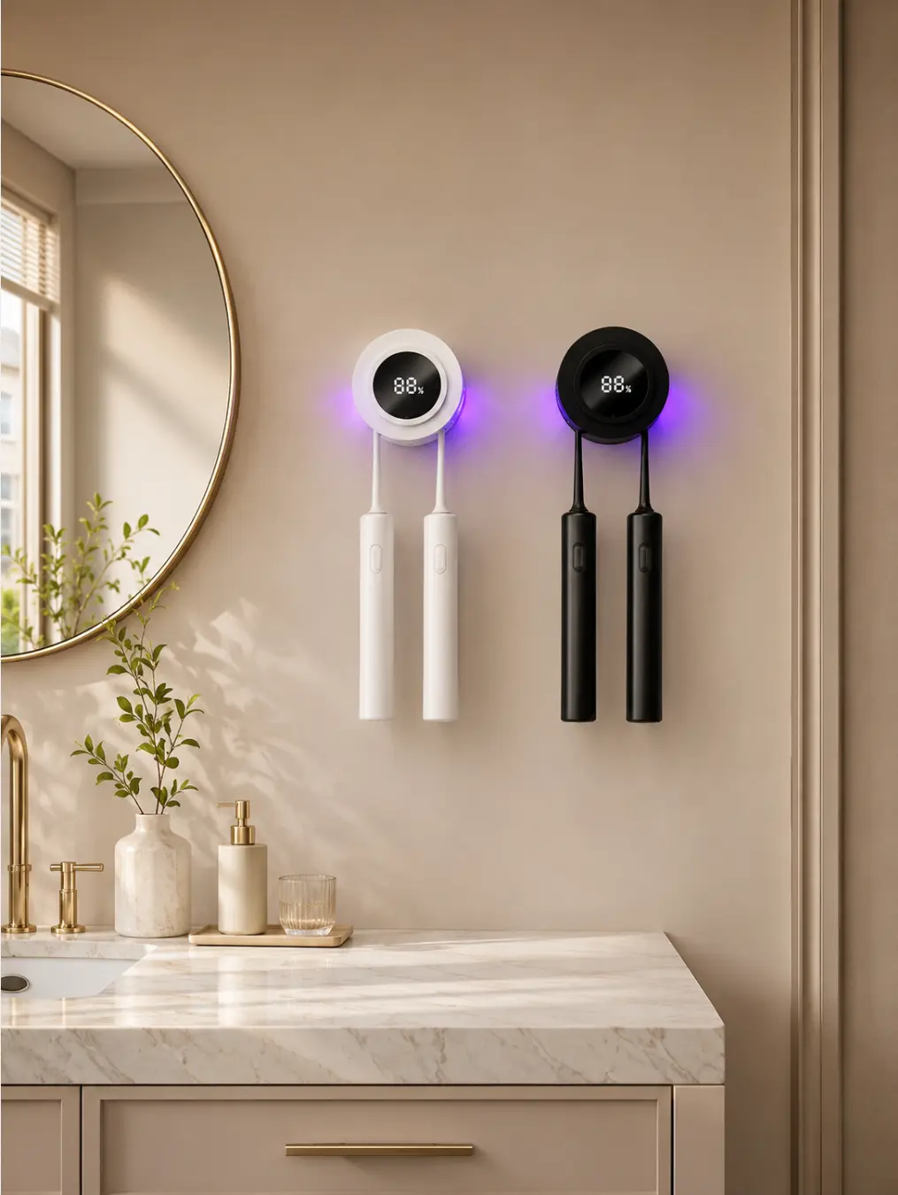 Deep UV Toothbrush Sanitizer Holder - Multifunctional UV Sanitizing Toothbrush Holders, Smart Sensor Opening, No-Drill Adhesive Wall Mount, Removable Sealed Box, Bacteria Elimination, Space-Saving Bathroom Organizer for Family Oral Hygiene