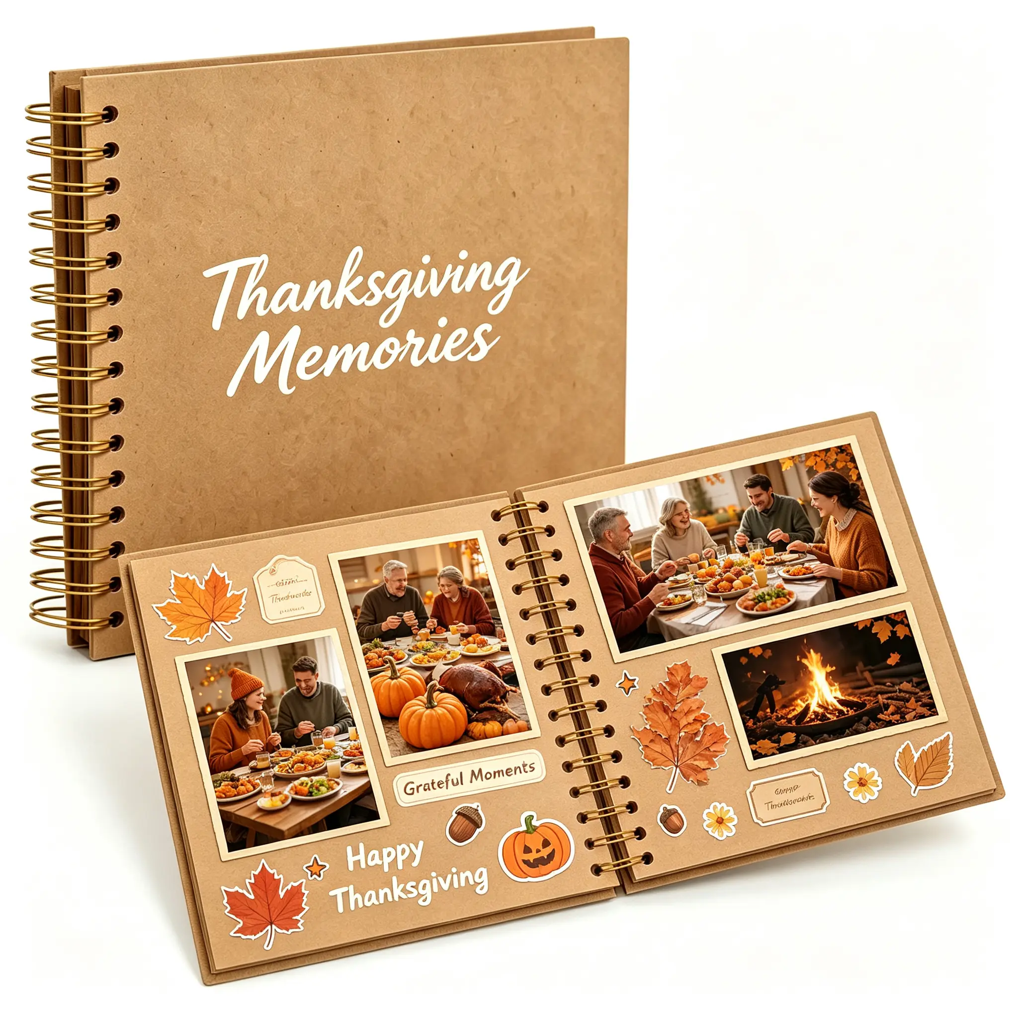 Handmade 10x10in Kraft Paper Lay-Flat Coil-Bound Scrapbook Photo Album, DIY Memory Journal for Families’ Memories, Thoughtful Thanksgiving Gift for Parents