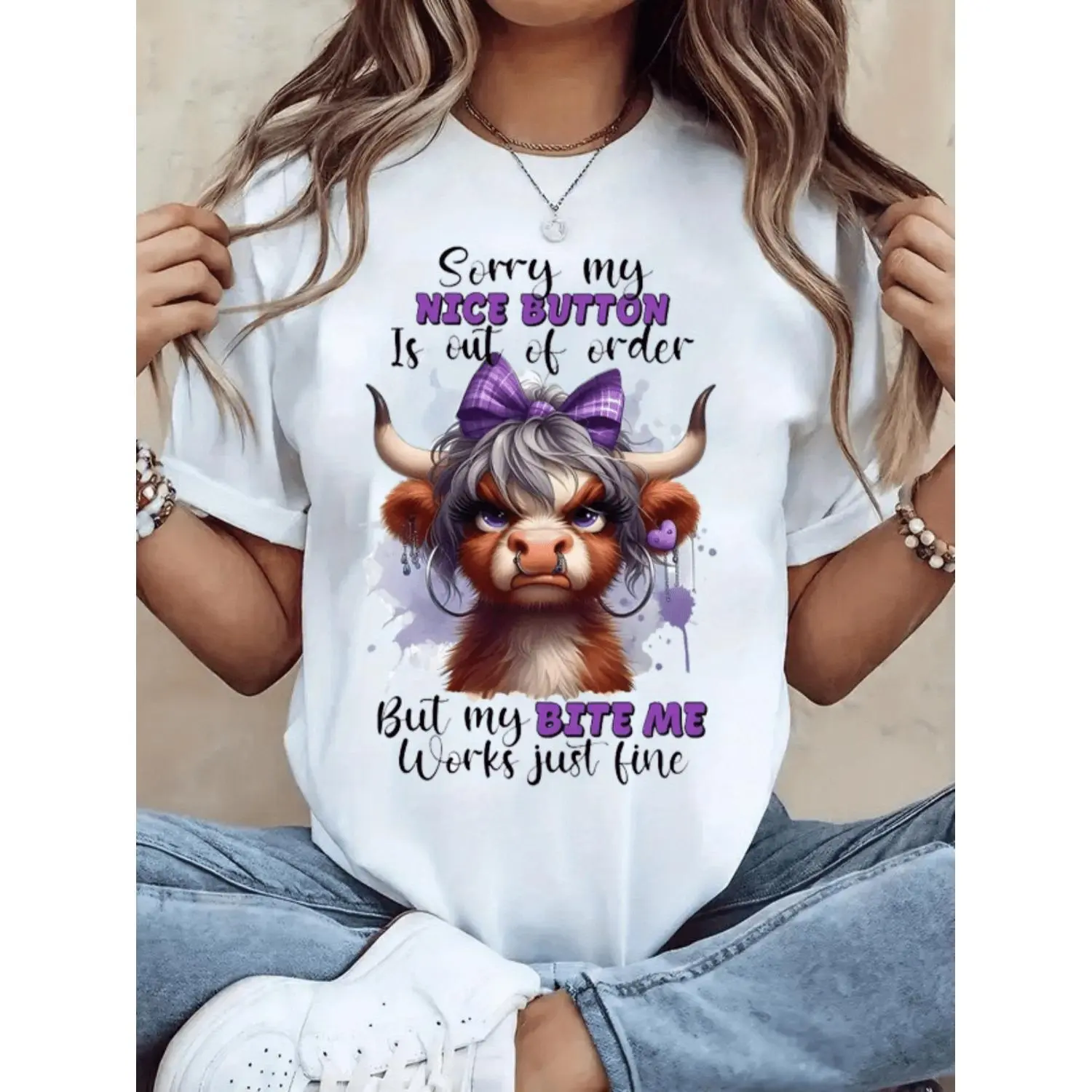 Humorous Scottish Highland Cow Graphic Tee With Sorry My Nice Button Is Out of Order Slogan Comfortable Breathable Casual and Partywear
