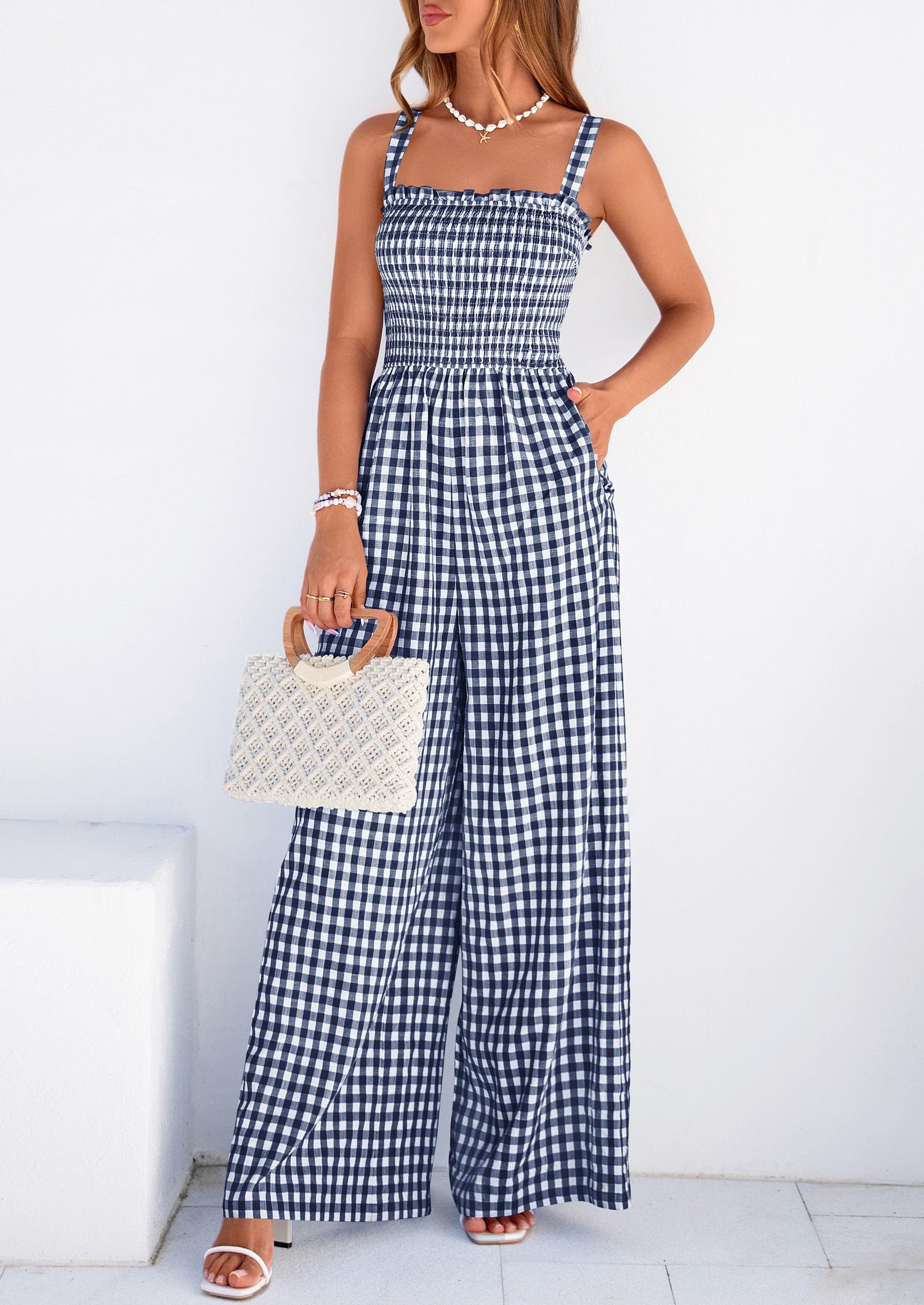 PrettyGarden Plaid One Piece Jumpsuits for Women Casual Summer Cruise Outfits Spring Fashion Smocked Wide Leg Gingham Rompers#Summervibes