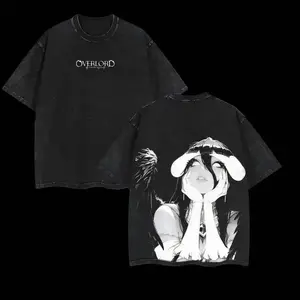 Men's Albedo Overlord Anime Double-Printed Vintage Washed Baggy Oversized Round Neck Heavyweight Cotton Short-Sleeve Graphic Tshirt, Menswear Unisex Streetwear Casual Top 5UR
