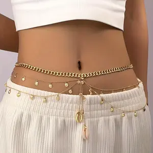A Metal Scallop Natural Shell Pendant Multi-Layer Waist Chain Belt Stacked Design Vacation Holiday Summer Limited Hot Style Small Fresh Marine Style Versatile Women